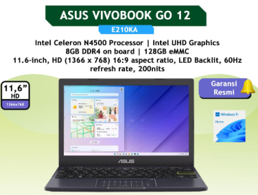 Asus Vivobook Go 12 E210KA Celeron N4500 Ram 8gb eMMC 128gb Black - NEW