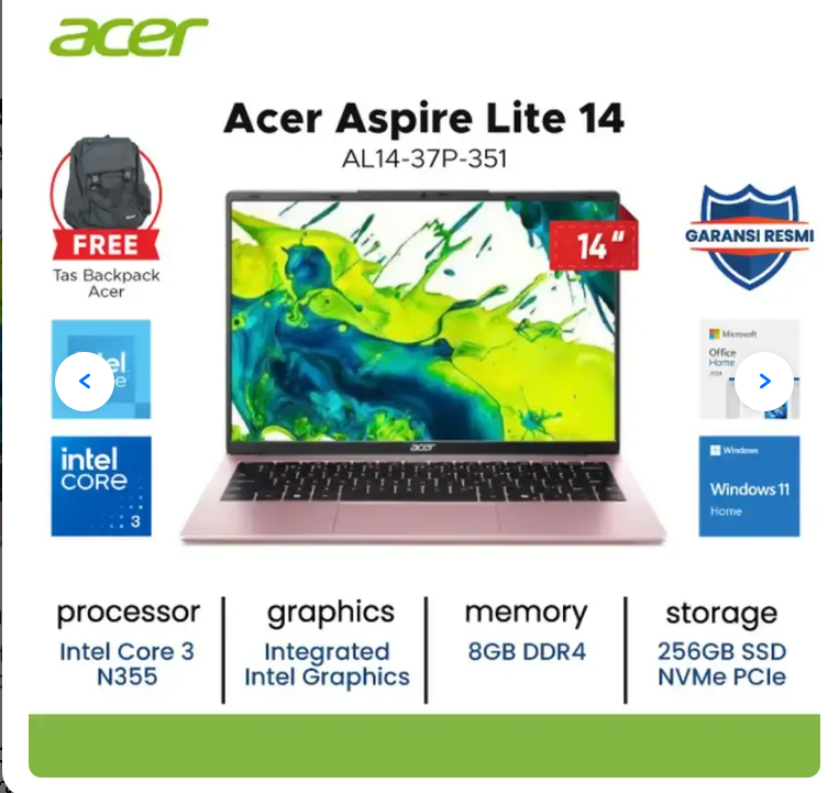 Acer NB AL14-37P-3511 Core 3 N355 Ram 8Gb SSD 256Gb