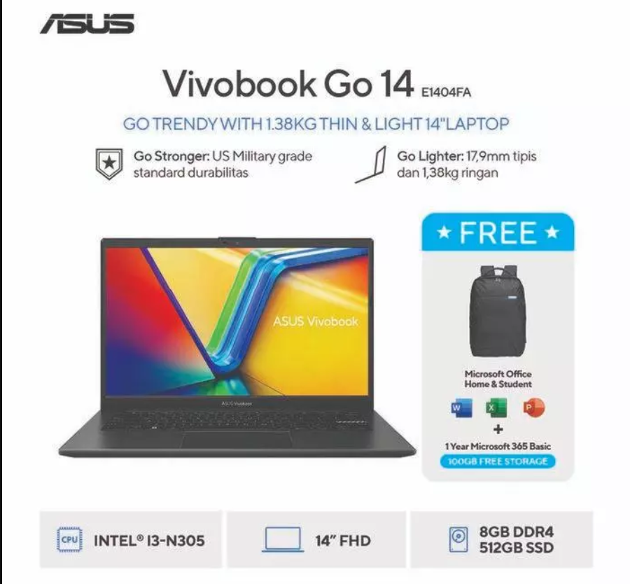 ASUS Vivobook Go 14 E1404GA Core i3 N305 Ram 8GB SSD 256GB