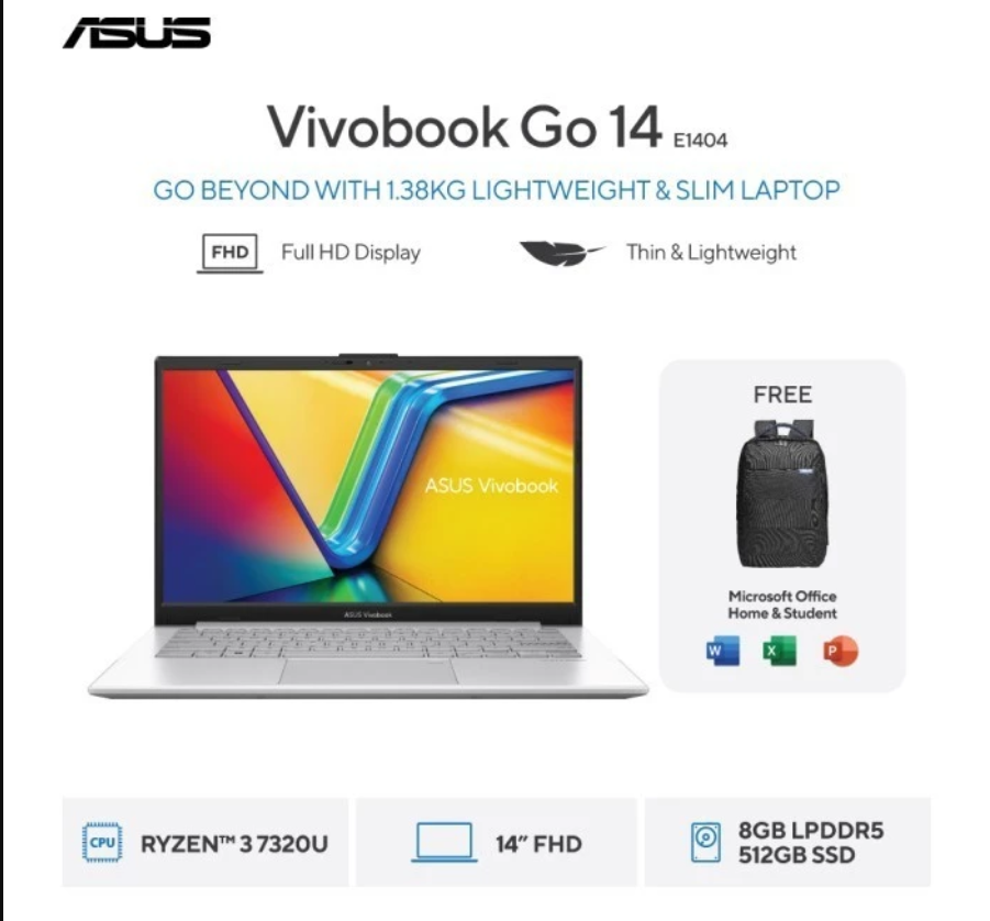 ASUS Vivobook Go E1404FA-FHD3853M Ryzen 3 Ram 8GB SSD 512GB 14 FHD Windows 11 OHS