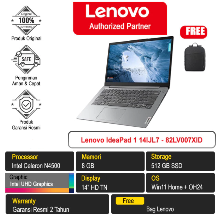 IdeaPad 1-14IJL7 Celeron N4500 Ram 8GB SSD 512GB